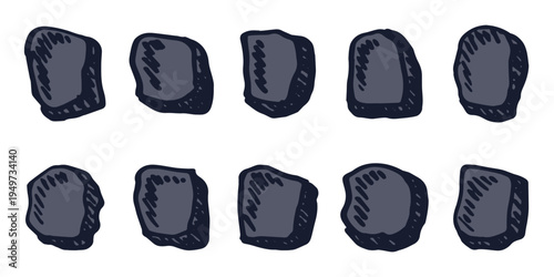 Hand drawn rocks and stones Rock fragments, boulders, building material Coastal pebbles, gravel, minerals, cobblestones, geological formations For game environment, landscape illustration, design