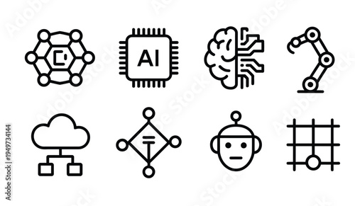 Bold line icons representing artificial intelligence, robotics, cloud computing, and advanced technology concepts.