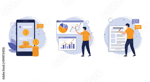 Series of illustrations depicting mobile banking, financial data analysis, and document signing for tax and accounting purposes.