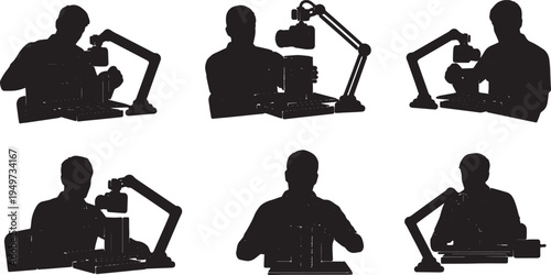 Black Solid 3D Printing Enthusiast Camera Arm Silhouettes Set of Six on White Background