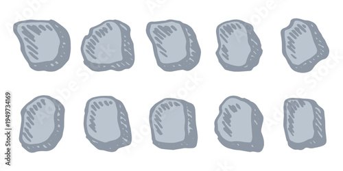 Hand drawn rocks and stones Rock fragments, boulders, building material Coastal pebbles, gravel, minerals, cobblestones, geological formations For game environment, landscape illustration, design