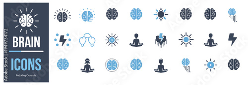 A comprehensive set of brain icons representing mental health, cognitive functions, creativity, and mindfulness concepts.