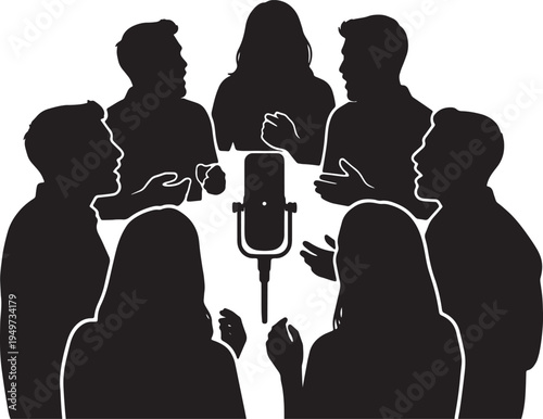 Black Solid Acappella Singer Omnidirectional Mic Silhouettes Set of Six on White Background