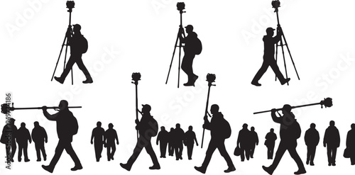 Black Solid 360 Camera Reviewer Monopod Silhouettes Set of Six on White Background