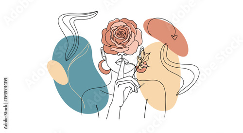 Elegant line art portrait of a woman with a large rose covering her eyes and abstract colorful shapes for a modern aesthetic look.