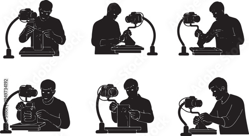 Black Solid 3D Printing Enthusiast Camera Arm Silhouettes Set of Six on White Background