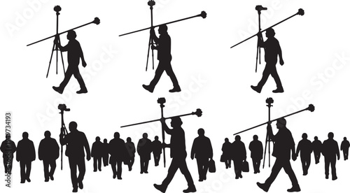 Black Solid 360 Camera Reviewer Monopod Silhouettes Set of Six on White Background