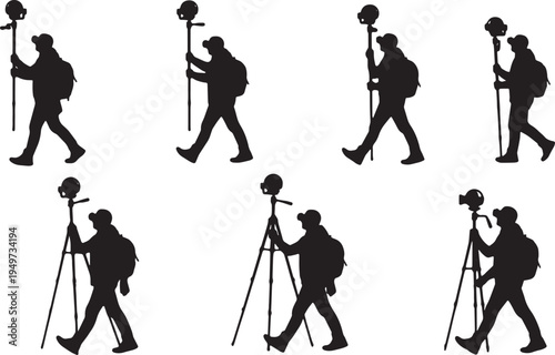 Black Solid 360 Camera Reviewer Monopod Silhouettes Set of Six on White Background
