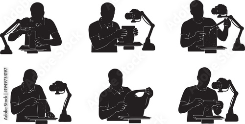 Black Solid 3D Printing Enthusiast Camera Arm Silhouettes Set of Six on White Background