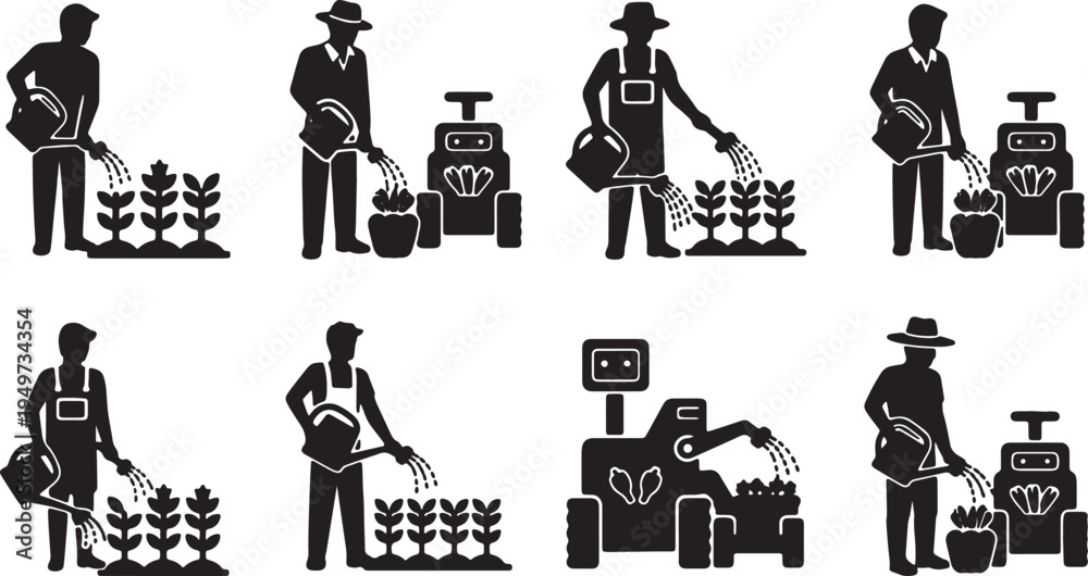 Naklejka premium Black Solid Agricultural Robot Farming Silhouettes Set of Six on White Background