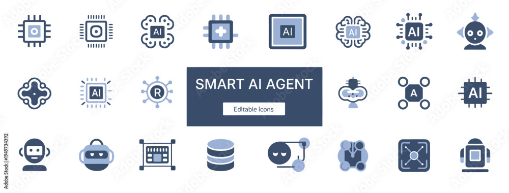 Fototapeta premium A modern collection of smart AI agent icons depicting artificial intelligence, robotics, and computing technology.