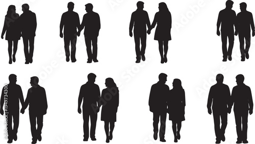 Black Solid Couple Handholding Walking Silhouettes Set of Six on White Background
