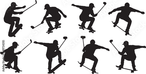Black Solid Action Sports Selfie Stick Camera Silhouettes Set of Six on White Background