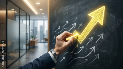 Hand drawing golden arrow graph on blackboard indicating financial growth and success in modern office