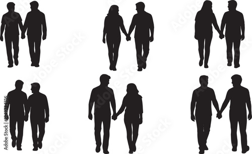 Black Solid Couple Handholding Walking Silhouettes Set of Six on White Background