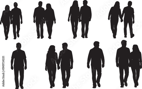Black Solid Couple Handholding Walking Silhouettes Set of Six on White Background