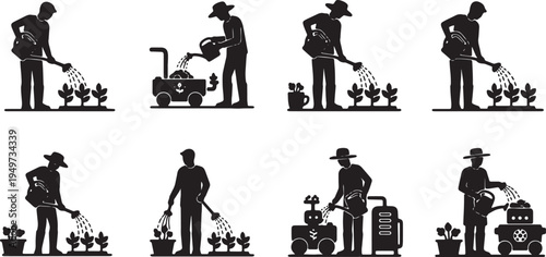 Black Solid Agricultural Robot Farming Silhouettes Set of Six on White Background