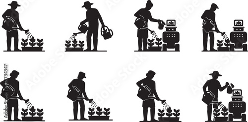 Black Solid Agricultural Robot Farming Silhouettes Set of Six on White Background
