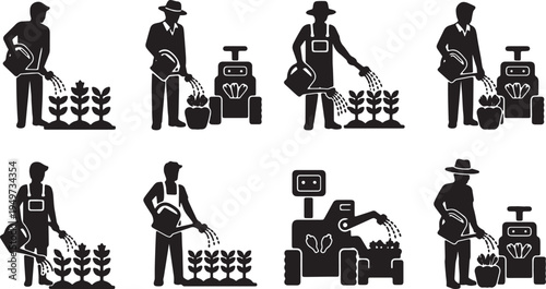 Black Solid Agricultural Robot Farming Silhouettes Set of Six on White Background