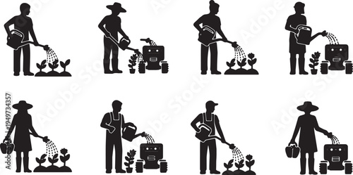 Black Solid Agricultural Robot Farming Silhouettes Set of Six on White Background