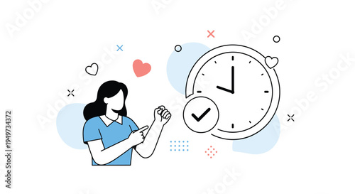 Professional woman pointing at a large wall clock with a checkmark symbol symbolizing time management and punctuality in a workspace.