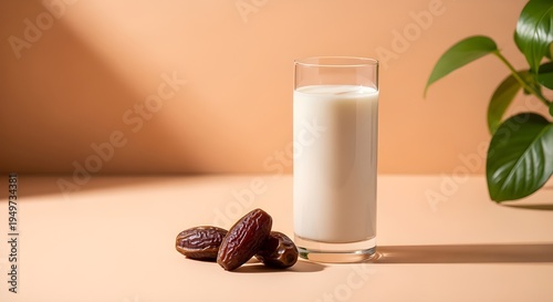 A glass of milk with dates on a table next to a plant