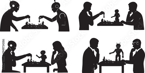 Black Solid AI Robot Playing Board Games Silhouettes Set of Six on White Background