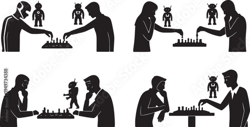 Black Solid AI Robot Playing Board Games Silhouettes Set of Six on White Background