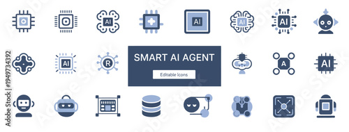 A modern collection of smart AI agent icons depicting artificial intelligence, robotics, and computing technology.