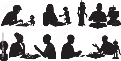 Black Solid AI Robot Playing Board Games Silhouettes Set of Six on White Background