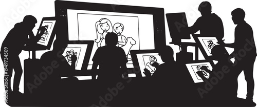 Black Solid Animation Student Drawing Display Stream Silhouettes Set of Six on White Background