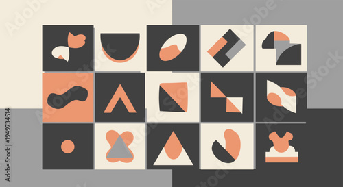 Abstract collage of various geometric shapes and organic forms arranged in a grid pattern using a muted color palette for modern art.