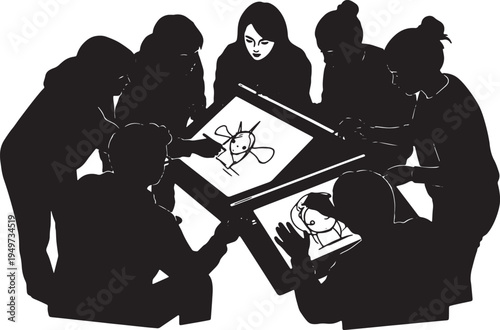 Black Solid Animation Student Drawing Display Stream Silhouettes Set of Six on White Background