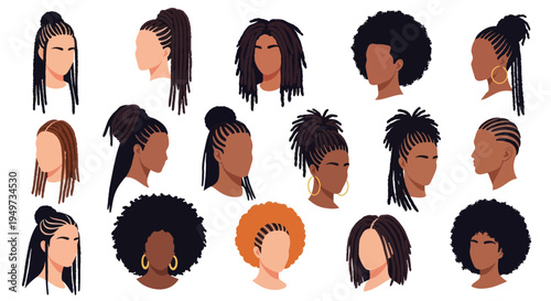 Diverse Black Hairstyles Collection: Braids, Afros, Twists - Vector Illustrations