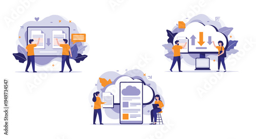 Multiple scenes showing people interacting with cloud storage technology and data synchronization symbols for modern digital business.