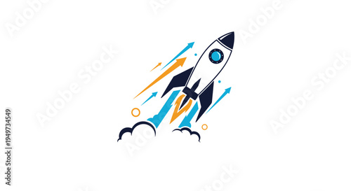 Stylized rocket ship launching into space with colorful arrows and smoke clouds symbolizing growth, startup success, and innovation.