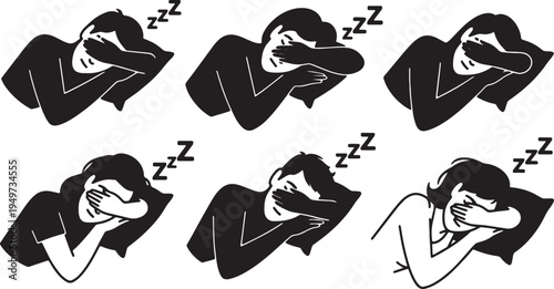 Black Solid Arm Over Eyes Sleeping Silhouettes Set of Six on White Background