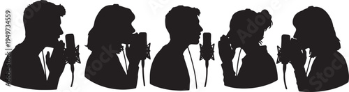 Black Solid ASMR Binaural Microphone Setup Silhouettes Set of Six on White Background