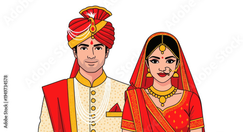 Indian Wedding Couple Bride Groom Traditional Attire Vector Illustration