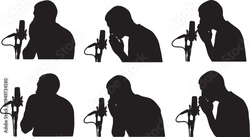 Black Solid ASMR Binaural Microphone Setup Silhouettes Set of Six on White Background