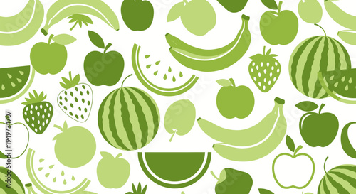 Vibrant Green Fruit Pattern: Bananas, Apples, Strawberries, Watermelon, Kiwi