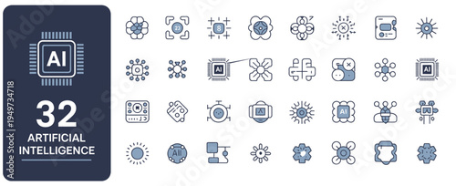 A comprehensive set of artificial intelligence line icons showcasing AI, machine learning, and smart technology.