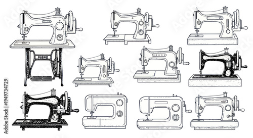 Vintage and Modern Sewing Machine Collection: Hand-Drawn Line Art Illustrations