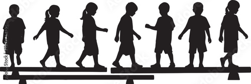 Black Solid Balance Beam Playground Careful Walking Silhouettes Set of Six on White Background