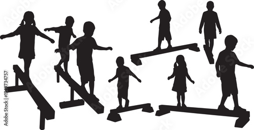 Black Solid Balance Beam Playground Careful Walking Silhouettes Set of Six on White Background