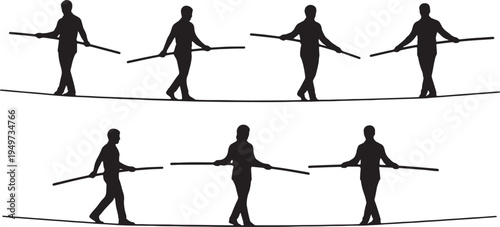 Black Solid Balancing Pole High Wire Walking Silhouettes Set of Six on White Background