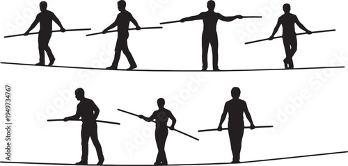 Black Solid Balancing Pole High Wire Walking Silhouettes Set of Six on White Background