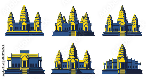 Angkor Wat Temple Icons: Set of Six Stylized Architectural Illustrations