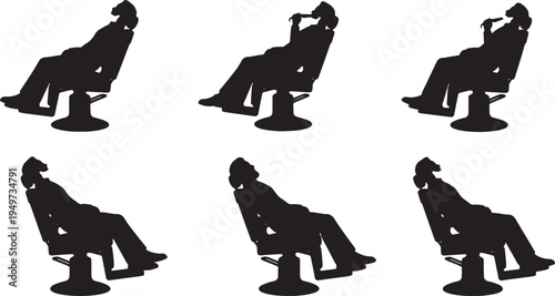 Black Solid Barbershop Vintage Chair Sitting Silhouettes Set of Six on White Background