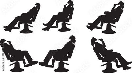 Black Solid Barbershop Vintage Chair Sitting Silhouettes Set of Six on White Background